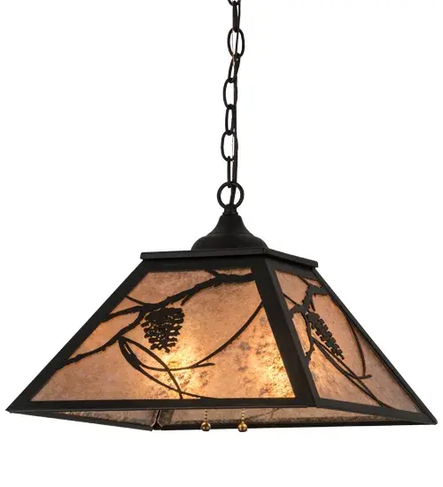 Listen closely. You can almost hear the soft whisper of the Pine Branches as they dance in the wind. Enjoy the beautiful ambiance of soft beautiful light diffused through a Silver Mica shade featuring stunning Pinecone and Pine Branch designs. The pendant is enhanced with a Textured Black finish. Handcrafted by highly skilled artisans in our 180;000 square manufacturing facility in Yorkville; New York. Shade colors; metal finishes and ses can be customized. UL and cUL listed for dry and damp locations. - alternate view
