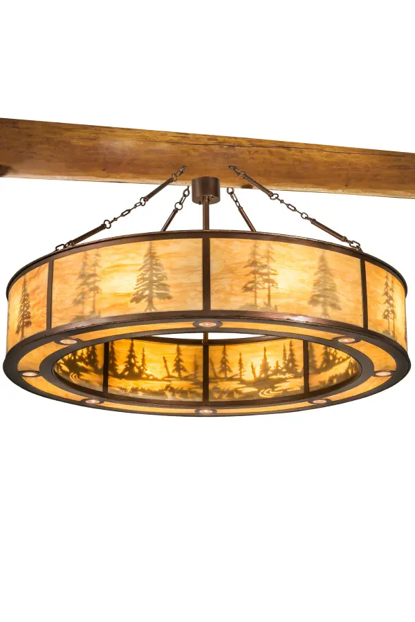 A stunning nature inspired design features Tall Pine trees in front of the woodlands on the exterior of this pendant while complementing a different dramatic design featuring Tall Pines among a mountain lake in the interior of this Grand styled pendant. The decorative accents and hardware are featured in a New Copper Vein finish and enhance a stunning Ambra Siena Idalight diffuser. 8 Customer Supplied Medium base 60-watt Inner Lamps bring out the beauty of the Idalight while 8 Customer Supplied Medium base 50-watt MR16 bulbs are functional downlights. Custom crafted in our 180,000 square foot manufacturing facility in Yorkville, New York. Available in special sizes, designs and finishes. UL and cUL listed for dry and damp locations. Collection: Tall Pines Finish: New Copper Vein Glass: Ambra Siena Idalight Width: 62.00" Height: 32.00" Length: 62.00" Weight: 140.00 lb Number of Bulbs: 8 Maximum Wattage: 60.00 W Bulb Type: A19 Bulb Base: E26 Material: Steel Country of Origin: USA Safety Listing: Damp Safety Rating: Damp