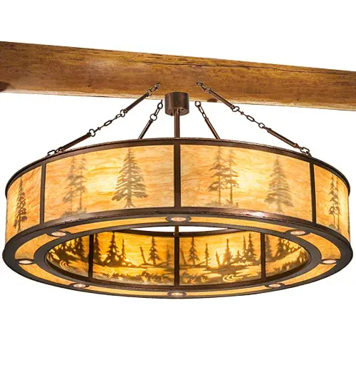 A stunning nature inspired design features Tall Pine trees in front of the woodlands on the exterior of this pendant while complementing a different dramatic design featuring Tall Pines among a mountain lake in the interior of this Grand styled pendant. The decorative accents and hardware are featured in a New Copper Vein finish and enhance a stunning Ambra Siena Idalight diffuser. 8 Customer Supplied Medium base 60-watt Inner Lamps bring out the beauty of the Idalight while 8 Customer Supplied Medium base 50-watt MR16 bulbs are functional downlights. Custom crafted in our 180,000 square foot manufacturing facility in Yorkville, New York. Available in special sizes, designs and finishes. UL and cUL listed for dry and damp locations. Collection: Tall Pines Finish: New Copper Vein Glass: Ambra Siena Idalight Width: 62.00" Height: 32.00" Length: 62.00" Weight: 140.00 lb Number of Bulbs: 8 Maximum Wattage: 60.00 W Bulb Type: A19 Bulb Base: E26 Material: Steel Country of Origin: USA Safety Listing: Damp Safety Rating: Damp - alternate view