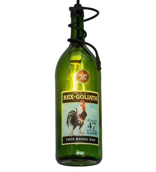 This rich-looking Tuscan Vineyard pendant features a customer-supplied Rex-Goliath brand wine bottle. The Wine Bottle is complemented with a delicate vine accent and matching hardware featured in a Black finish. Take your finest bottle of wine and Meyda will transform it into an everlasting fixture of light. Personalized items are shown as examples of our craftsmanship only and not for sale as is; but can be customized to fit your personal needs. Contact us for more information on custom wine bottle lighting fixtures and lamps. - alternate view
