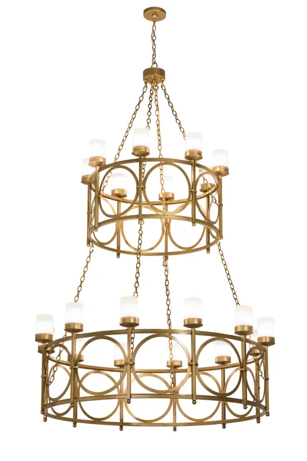 Inspired by a cruise ship's double deck portholes and embellishments with breathtaking oceanic site lines; this Grand Chandelier features two tiers of luminosity. With 8 Cylindres on top and 12 below; all project beautiful ambient illumination through Statuario Idalight complemented by a frame and hardware featured in a Gold Metallic finish. Handcrafted in our manufacturing facility in Upstate New York; this Hand-forged Iron chandelier is available in custom sizes; styles and colors; as well as dimmable energy efficient lamping options. The fixture is UL and cUL listed for dry and damp locations.