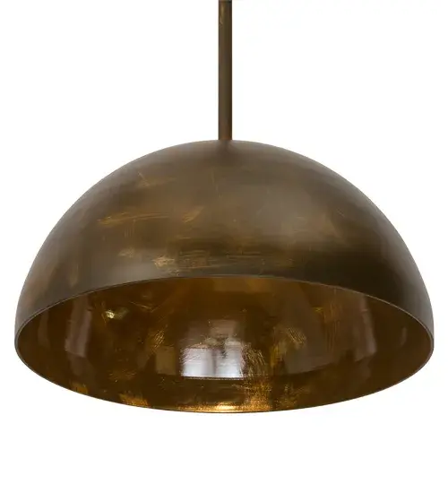 A dramatically styled pendant; the stunning Gravity pendant features an alluring dome shaped shade. The shade features Antique Brass with a matte finish on the outer surface and Antique Brass with a glossy finish in its richly appointed interior; resulting in a warm burnished glow. Handcrafted in our manufacturing facilities in Upstate New York; this transitional pendant is offered in custom styles; finishes and sizes and is available with dimmable LED and other energy efficient lamping options. The fixture is UL and cUL listed for damp listings. - alternate view