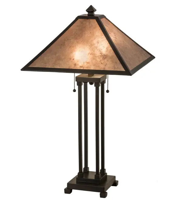 Created in the tradition of American master craftsmen, this handsome table lamp features a stunning Silver Mica shade, enhanced by a Mahogany Bronze finished base. The lamp is ideal for illuminating desktops, credenzas, and other spaces in residential and hospitality settings. The Sutter Table Lamp is featured in ourAmerican-designed, handcrafted Arts & Crafts Lighting Collection. UL and cUL listed for dry locations. Collection: Sutter Finish: Timeless Bronze Glass: Silver Mica Width: 22.50" Height: 28.00" Length: 16.00" Weight: 9.00 lb Extension from Wall: 4.50" Number of Bulbs: 2 Maximum Wattage: 60.00 W Bulb Type: A19 Bulb Base: Medium Material: Metal Country of Origin: CHINA Safety Listing: Dry Safety Rating: Dry
