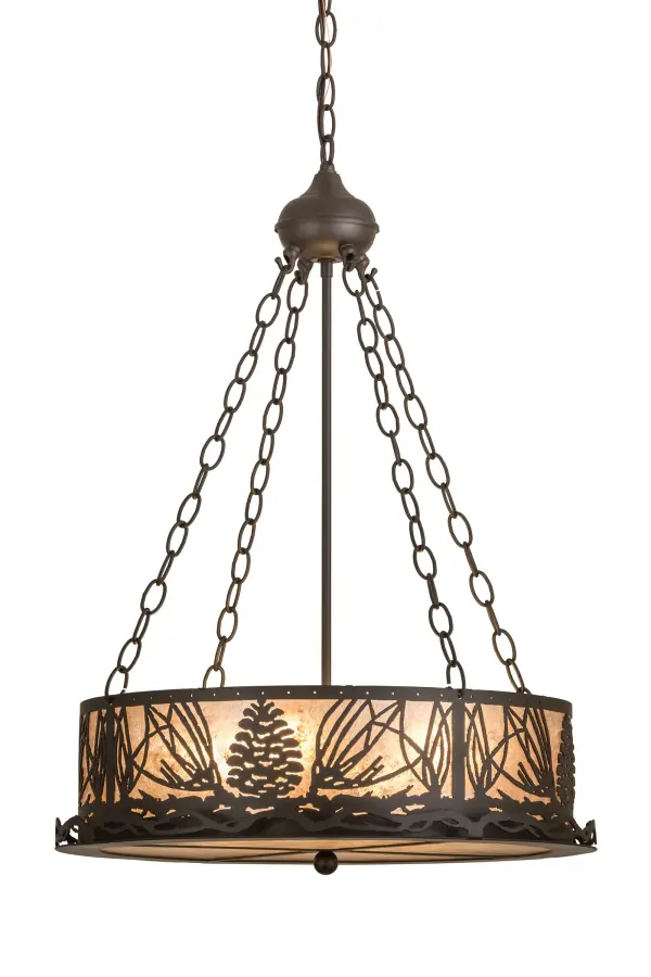 Mother nature comes to light as Mountain Pinecones and Pine Needles are featured on this unique nature inspired ceiling pendant. The charm of the forest comes alive with soft ambient light emanating through the Silver Mica side panels and matching bottom diffuser. The luminaire is enhanced with an Oil Rubbed Bronze finish. This pendant is perfect for any room where you want to make a stunning design statement. The overall height ranges from 33.5 to 63 inches as the chain length can be easily adjusted in the field. Handcrafted in our 180;000 square foot manufacturing facility in Yorkville; New York. Diffuser colors; metal finishes and fixture sizes can be customized to your needs. UL and cUL listed for dry and damp locations.