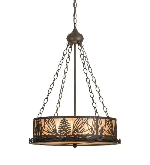 Mother nature comes to light as Mountain Pinecones and Pine Needles are featured on this unique nature inspired ceiling pendant. The charm of the forest comes alive with soft ambient light emanating through the Silver Mica side panels and matching bottom diffuser. The luminaire is enhanced with an Oil Rubbed Bronze finish. This pendant is perfect for any room where you want to make a stunning design statement. The overall height ranges from 33.5 to 63 inches as the chain length can be easily adjusted in the field. Handcrafted in our 180;000 square foot manufacturing facility in Yorkville; New York. Diffuser colors; metal finishes and fixture sizes can be customized to your needs. UL and cUL listed for dry and damp locations. - alternate view