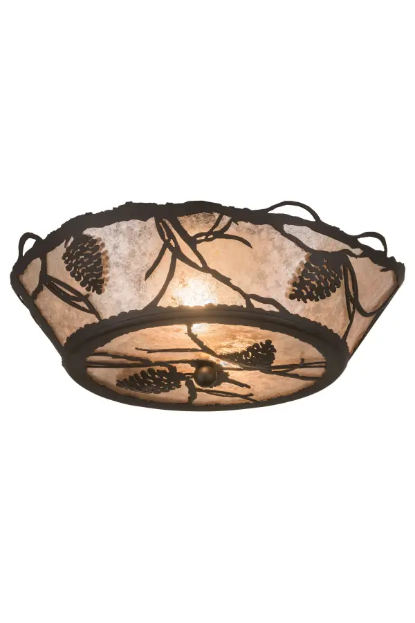 Listen closely. You can almost hear the soft whisper of the Pine Branches as they dance in the wind. Enjoy the warm ambiance of soft beautiful light diffused through Silver Mica panels featuring stunning Pinecone and Pine Branch designs. The fixture is hand finished in a handsome Oil Rubbed Bronze. Handcrafted by highly skilled artisans in our 180,000 square manufacturing facility in Yorkville, New York. Shade colors, metal finishes and sizes can be customized. UL and cUL listed for dry, damp and wet locations. Collection: Whispering Pines Finish: Oil Rubbed Bronze Glass: Silver Mica Width: 16.50" Height: 6.25" Length: 16.50" Weight: 4.50 lb Number of Bulbs: 2 Maximum Wattage: 60.00 W Bulb Type: A19 Bulb Base: Medium Material: Steel Country of Origin: USA Safety Listing: Damp Safety Rating: Damp