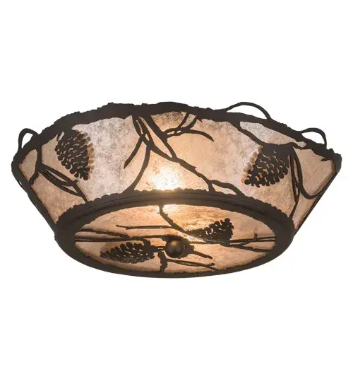 Listen closely. You can almost hear the soft whisper of the Pine Branches as they dance in the wind. Enjoy the warm ambiance of soft beautiful light diffused through Silver Mica panels featuring stunning Pinecone and Pine Branch designs. The fixture is hand finished in a handsome Oil Rubbed Bronze. Handcrafted by highly skilled artisans in our 180,000 square manufacturing facility in Yorkville, New York. Shade colors, metal finishes and sizes can be customized. UL and cUL listed for dry, damp and wet locations. Collection: Whispering Pines Finish: Oil Rubbed Bronze Glass: Silver Mica Width: 16.50" Height: 6.25" Length: 16.50" Weight: 4.50 lb Number of Bulbs: 2 Maximum Wattage: 60.00 W Bulb Type: A19 Bulb Base: Medium Material: Steel Country of Origin: USA Safety Listing: Damp Safety Rating: Damp - alternate view