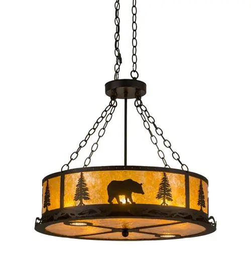 Charming wildlife creatures come to light with this magnificent design. A scampering Deer; a meandering Bear; an Elk and a Wolf are all shown roaming among Tall Pine Trees as the late afternoon sun sets in the background. Beautiful ambient light shines through Amber Mica while the curvaceous shade is enhanced with a Textured Black finish. Domestically produced in our 180;000 square foot manufacturing facility in Yorkville; NY. Customize shade colors; metal finishes and fixture sizes to your taste. UL and cUL listed for dry and damp locations. - alternate view