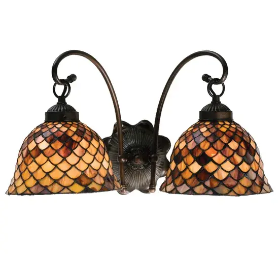 A Louis Comfort Tiffany studio classic fishscale pattern reproduced in variegated Tortoiseshell of Ambers and Burgundy. This handsome stained glass shade is used with Mahogany Bronze hand finished hardware. A versatile two light wall sconce that will complement any color or style.