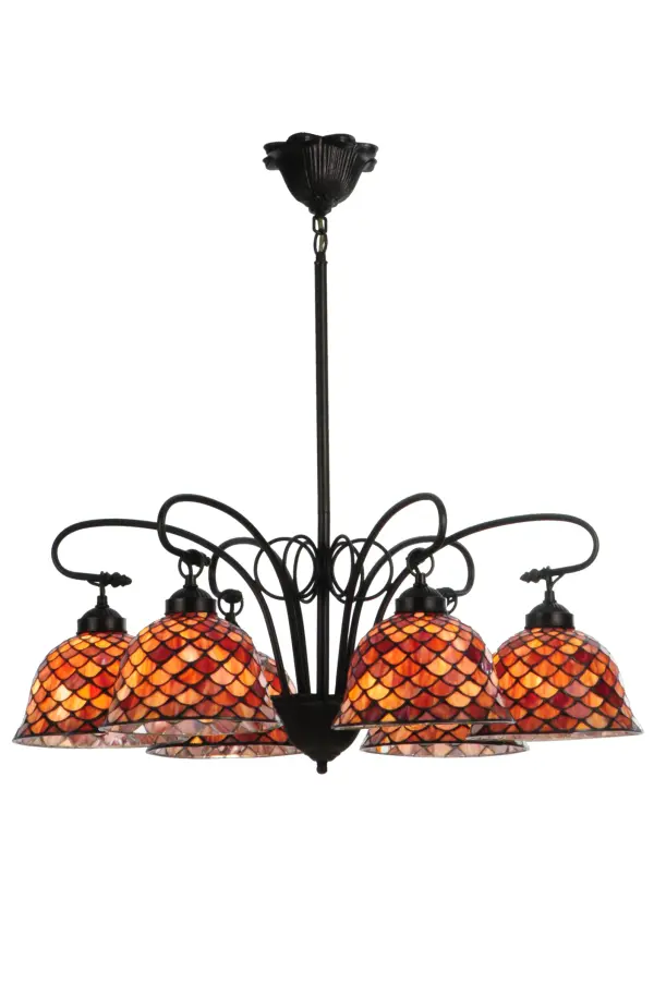 A Louis Comfort Tiffany studio classic fishscale pattern reproduced in variegated Tortoiseshell of Ambers; Burgundys and Purples. These handsome stained glass shades are paired with Mahogany Bronze hand finished hardware. A versatile six light chandelier that will compliment any color or style decor.