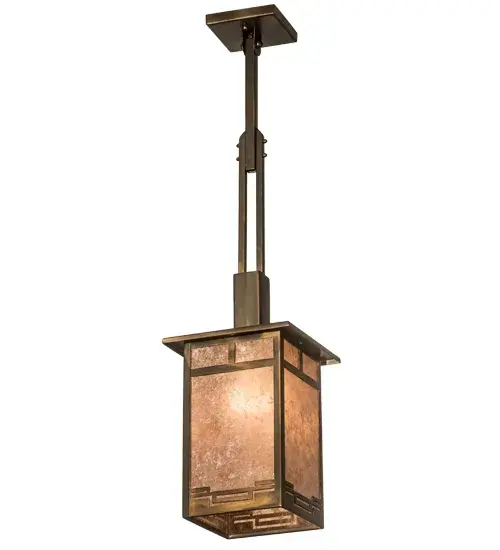 Inspired by the Arts & Crafts Movement, the Roylance pendant features a stunning lantern design with a handsome geometric trim, framed in Antique Copper finished metal with Silver Mica panels. The fixture, which is highlighted with Mission styled frame, accents and canopy, has a 36-inch overall height. It is the perfect complement to nearly any decor. This pendant is handcrafted in the USA by highly skilled artisans. Custom styles, sizes and colors are available, as well as dimmable energy-efficient lamping options such as LED. UL and cUL listed for dry and damp locations. Collection: Roylance Finish: Antique Copper Glass: Antique Copper/Silver Mica Width: 13.00" Height: 36.00" Length: 9.00" Weight: 8.00 lb Number of Bulbs: 1 Maximum Wattage: 60.00 W Bulb Type: A19 Bulb Base: Medium Light Source: LED Material: Steel Country of Origin: USA Safety Listing: Damp Safety Rating: Damp LED - alternate view