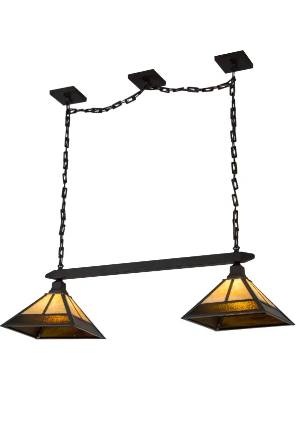 This handsome Craftsman styled Pendant is inspired by the Arts and Crafts movement. This pendant features 2 Beige art glass shades with Root Beer Cathedral Ripple Glass accents complimented with a striking Mission straight line design and Brass frame in a Craftsman Brown finish. The fixture hardware is highlighted in an Oil Rubbed Bronze finish. The overall height of this pendant ranges from 17.5 to 128.5 inches as the chain length can be easily adjusted in the field to accommodate your specific lighting application needs. The fixture is perfect for a broad range of interior lighting applications. Handcrafted by highly skilled artisans in our 180;000 square foot manufacturing facility. UL and cUL listed for dry and damp locations.
