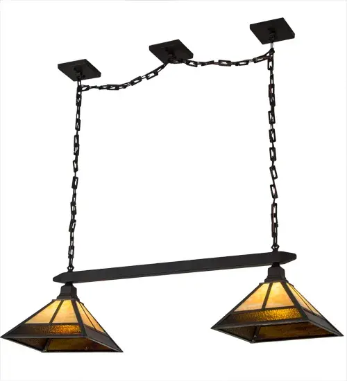 This handsome Craftsman styled Pendant is inspired by the Arts and Crafts movement. This pendant features 2 Beige art glass shades with Root Beer Cathedral Ripple Glass accents complimented with a striking Mission straight line design and Brass frame in a Craftsman Brown finish. The fixture hardware is highlighted in an Oil Rubbed Bronze finish. The overall height of this pendant ranges from 17.5 to 128.5 inches as the chain length can be easily adjusted in the field to accommodate your specific lighting application needs. The fixture is perfect for a broad range of interior lighting applications. Handcrafted by highly skilled artisans in our 180;000 square foot manufacturing facility. UL and cUL listed for dry and damp locations. - alternate view