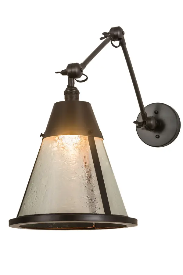 Handmade in the famous American Arts & Crafts tradition, the handsome Kensington wall sconce features a stunning Clear Textured Glass diffuser with a frame and hardware offered in a Craftsman Brown finish. The versatile shade and arm adjust vertically for reading and other applications. Custom options include special sizes, finishes and colors, as well as dimmable energy efficient lamping options such as LED. This unique wall luminaire is UL and cUL listed for dry and damp locations. Collection: Kensington Finish: Craftsman Brown Glass: Clear/Texture Glass Width: 12.00" Height: 12.00" Length: 12.00" Weight: 8.50 lb Extension from Wall: 12.00" Number of Bulbs: 1 Maximum Wattage: 60.00 W Bulb Type: A23 Bulb Base: E26 Material: Metal Country of Origin: USA Safety Listing: Damp Safety Rating: Damp