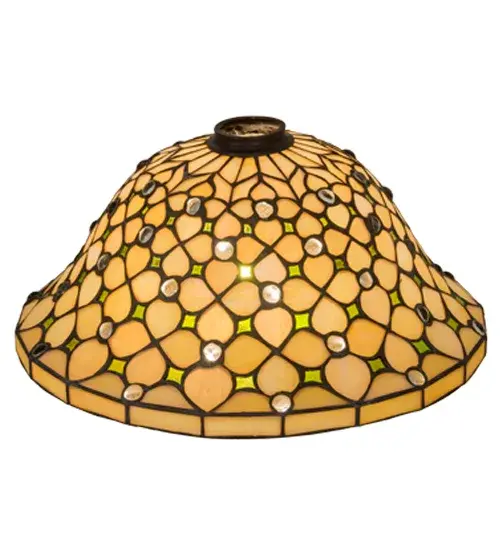 Diamond patterns of Iridized Ivory and Ivy Green are accented all over with sparkling clear jewels droplets in this elegant Victorian style shade. The versatile stained glass shade is created using the famous Meyda Tiffany copperfoil construction technique. Pairs beautifully with a base to create a stunning table or floor lamp. Match with hardware to build a gorgeous ceiling or wall fixture. The Diamond & Jewel Shade is featured in our American designed, handcrafted Stained Glass Lighting Collection. Each shade is a unique work of art with color variations based on natural ingredients inherent in the glass. Contact us if color matching is critical when ordering multiple items. Collection: Diamond & Jewel Finish: Mahogany Bronze Glass: Beige Iridescent Width: 14.00" Height: 6.50" Length: 14.00" Weight: 3.50 lb Extension from Wall: 3.00" Number of Bulbs: 1 Maximum Wattage: 60.00 W Bulb Type: BA9 Bulb Base: Candelabra Country of Origin: CHINA Safety Listing: Dry Safety Rating: Dry - alternate view