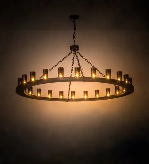 Blending an elegant style with a classic distinguished look, Loxley is custom crafted with 24 Amber Glass Cylindres on a Mahogany Bronze finished ring styled frame. The chandelier is ideal for illuminating lobbies, conference rooms, entryways and other large residential and commercial spaces. The overall height of this pendant ranges from 37 to 97 inches as the chain length can be easily adjusted in the field to accommodate your specific lighting application needs. Loxley is handcrafted by highly skilled artisans in our 180,000 square foot manufacturing facility in Yorkville, NY. Custom colors, styles, sizes and dimmable energy efficient lamping options. The Grand styled 6-foot wide fixture is UL and cUL listed for damp and dry locations. Collection: Loxley Finish: Mahogany Bronze Glass: Amber Glass Width: 72.00" Height: 37.00" Length: 72.00" Weight: 85.00 lb Number of Bulbs: 24 Maximum Wattage: 60.00 W Bulb Type: B11 Bulb Base: E26 Material: Steel Country of Origin: USA Safety Listing: Damp Safety Rating: Damp