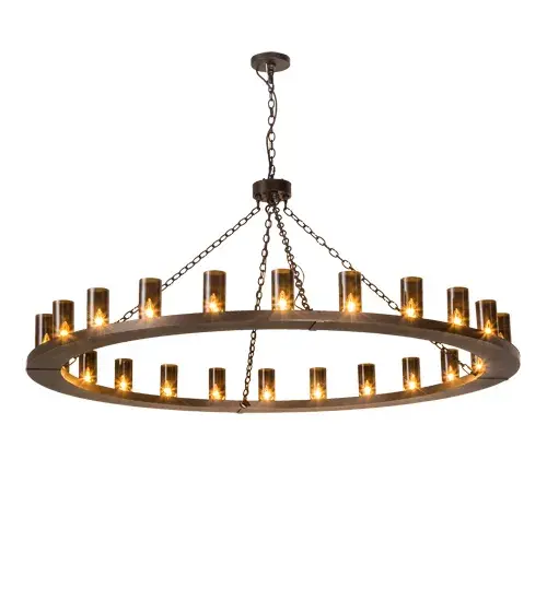 Blending an elegant style with a classic distinguished look, Loxley is custom crafted with 24 Amber Glass Cylindres on a Mahogany Bronze finished ring styled frame. The chandelier is ideal for illuminating lobbies, conference rooms, entryways and other large residential and commercial spaces. The overall height of this pendant ranges from 37 to 97 inches as the chain length can be easily adjusted in the field to accommodate your specific lighting application needs. Loxley is handcrafted by highly skilled artisans in our 180,000 square foot manufacturing facility in Yorkville, NY. Custom colors, styles, sizes and dimmable energy efficient lamping options. The Grand styled 6-foot wide fixture is UL and cUL listed for damp and dry locations. Collection: Loxley Finish: Mahogany Bronze Glass: Amber Glass Width: 72.00" Height: 37.00" Length: 72.00" Weight: 85.00 lb Number of Bulbs: 24 Maximum Wattage: 60.00 W Bulb Type: B11 Bulb Base: E26 Material: Steel Country of Origin: USA Safety Listing: Damp Safety Rating: Damp - alternate view