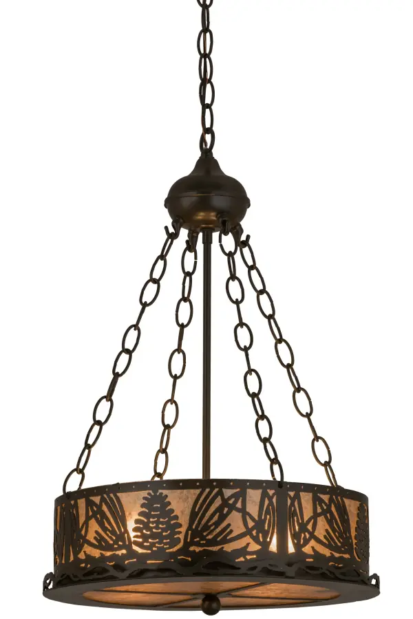 Natural charm and allure come alive with beautiful ambient light projected through stunning Silver Mica, which is accented with Timeless Bronze finished pine cones with pine needles and matching hardware on this handsome ceiling fixture. Perfect as a centerpiece for nearly any room, the fixture is handcrafted by Meyda artisans in our manufacturing facility at the foothills of the Adirondack Mountains. Custom designs, sizes and colors are offered. Dimmable energy efficient lamping options are available. Collection: Mountain Pine Finish: Timeless Bronze Glass: Silver Mica Width: 16.00" Height: 27.00" Length: 16.00" Weight: 9.00 lb Number of Bulbs: 4 Maximum Wattage: 60.00 W Bulb Type: A19 Bulb Base: E26 Material: Steel Country of Origin: USA Safety Listing: Damp Safety Rating: Damp