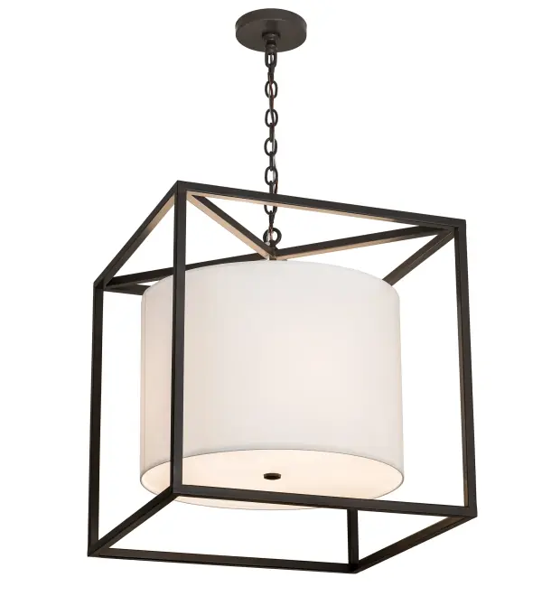 A sophisticated architectural styled pendant is designed with a pizazz that is unique; fresh and stylish. Give your decor an extra edge with this breathtaking fixture; which is highlighted with a solid metal structure that surrounds a White Textrene round shade with a Statuario Idalight bottom diffuser. The geometric hardware and frame are featured in a handsome Timeless Bronze finish. Handcrafted in our 180;000 square foot manufacturing in the USA. Custom sizes; styles and finishes; and dimmable energy efficient lamping options. UL and CUL listed.