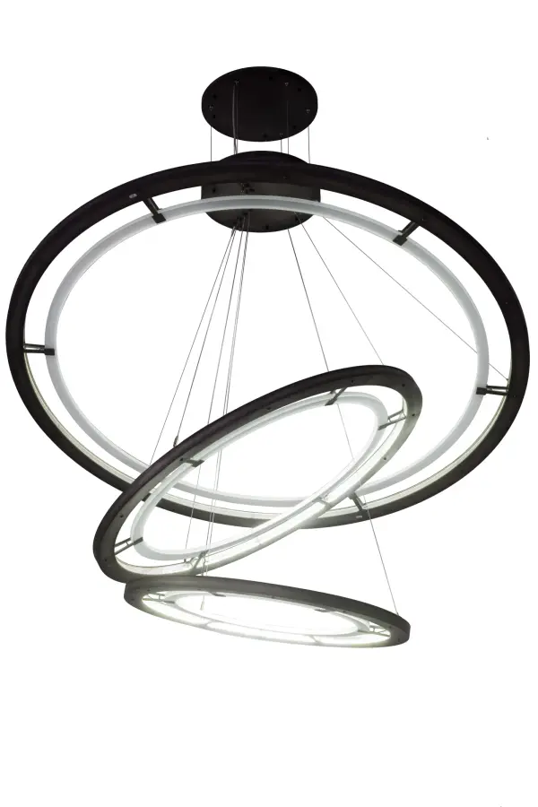 Modern sophisticated system featuring extraordinary elements of light. Contrail Mist Idalight rings with Crystal Idalight interiors illuminate and appear to float in space with a dramatic interplay of light and shadow. Supported by sturdy aircraft cables to Industrial Steel finished hardware and canopy Energy saving, maintenance free LED arrays deliver ambient illumination with long life, strong CRI and lumen output with full range dimming. Made with Pride by Meyda artisans in Yorkville, New York. Custom styles, sizes and colors are available, as well as dimmable energy-efficient lamping options. UL and cUL listed for dry and damp locations. Collection: Anillo Finish: Industrial Steel Glass: Crystal Idalight Width: 75.00" Height: 10.00" Length: 75.00" Weight: 176.00 lb Extension from Wall: 8.75" Number of Bulbs: 3 Maximum Wattage: 354.00 W Bulb Type: STRIP Bulb Base: INTEGRAL Light Source: LED Color Temperature: 3000 K Material: Steel Country of Origin: USA Safety Listing: Damp Safety Rating: Damp LED