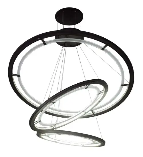 Modern sophisticated system featuring extraordinary elements of light. Contrail Mist Idalight rings with Crystal Idalight interiors illuminate and appear to float in space with a dramatic interplay of light and shadow. Supported by sturdy aircraft cables to Industrial Steel finished hardware and canopy Energy saving, maintenance free LED arrays deliver ambient illumination with long life, strong CRI and lumen output with full range dimming. Made with Pride by Meyda artisans in Yorkville, New York. Custom styles, sizes and colors are available, as well as dimmable energy-efficient lamping options. UL and cUL listed for dry and damp locations. Collection: Anillo Finish: Industrial Steel Glass: Crystal Idalight Width: 75.00" Height: 10.00" Length: 75.00" Weight: 176.00 lb Extension from Wall: 8.75" Number of Bulbs: 3 Maximum Wattage: 354.00 W Bulb Type: STRIP Bulb Base: INTEGRAL Light Source: LED Color Temperature: 3000 K Material: Steel Country of Origin: USA Safety Listing: Damp Safety Rating: Damp LED - alternate view