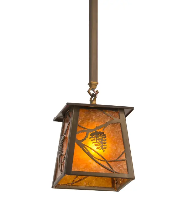 Listen closely. You can almost hear the soft whisper of the pine branches as they dance in the wind. Enjoy the warm ambiance of soft beautiful light diffused through an Amber Mica shade featuring stunning Pinecone and Pine Branch designs. The Whispering Pines mini pendant is featured in an Antique Copper finish. Overall height ranges from 33 to 44 inches as the chain length can be easily adjusted in the field to accommodate your specific lighting needs. Install in groups for illuminating kitchen islands, counters, bars and tables. Handcrafted by highly skilled artisans in our 180,000 square manufacturing facility in Yorkville, New York. Shade colors, metal finishes and sizes can be customized. UL and cUL listed for dry and damp locations. Collection: Whispering Pines Finish: Antique Copper Glass: Amber Mica Width: 10.00" Height: 33.00" Length: 7.00" Weight: 6.00 lb Number of Bulbs: 1 Maximum Wattage: 60.00 W Bulb Type: A19 Bulb Base: Medium Material: Steel Country of Origin: USA Safety Listing: Damp Safety Rating: Damp