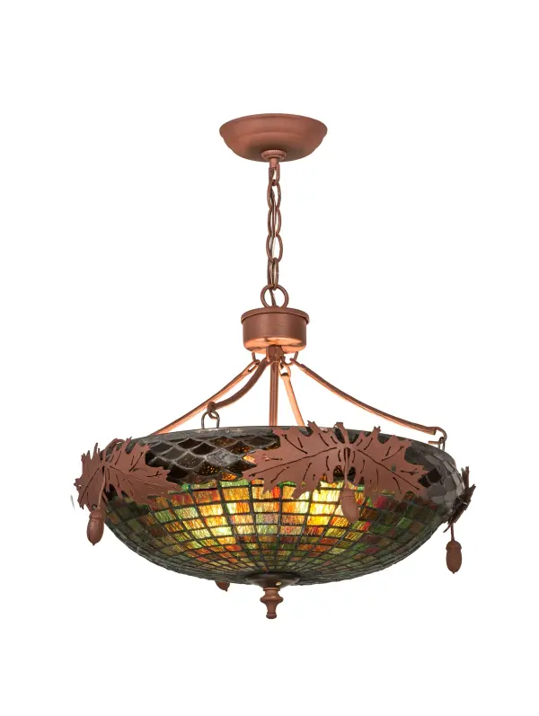This stunning ceiling pendant in a Rust finish is as majestic as the mighty oak. The stained glass shade delights with Multi-Toned Autumn Green Art glass with a Bark Brown Granite Textured Glass crown sprouting Oak leaf-covered hardware that is handmade by Meyda artisans. The shade is created using the famous Meyda Tiffany copperfoil construction process. Overall height ranges from 19 to 24 inches as the chain easily adjusts in the field. The Greenbriar Oak Pendant is included in our American-designed; handcrafted Greenbriar Collection. UL and cUL listed for dry and damp locations. No two art glass shades will be the same; their individuality can be as remarkably unique as their personality.