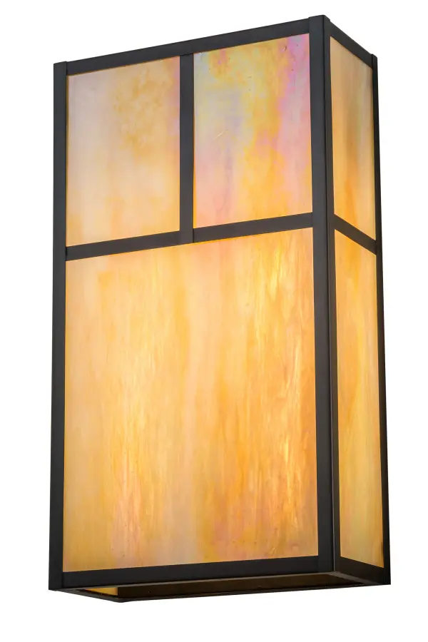 Handcrafted from Solid Brass; this Craftsman Signature fixture is inspired by the Arts and Crafts movement. The striking Mission straight line design is featured in Beige Iridescent Glass and enhanced with a frame and hardware finished in a handsome Craftsman Brown. Handcrafted by highly skilled artisans in our 180;000 square foot manufacturing facility in Upstate NY. Custom sizes; styles; colors and lamping options are available. The 10-inch wide wall fixture is UL and cUL listed for dry and damp locations.