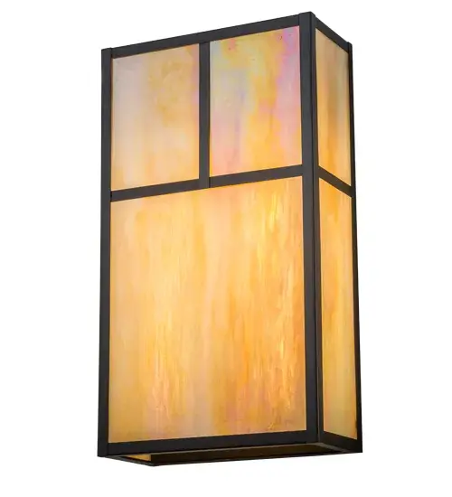 Handcrafted from Solid Brass; this Craftsman Signature fixture is inspired by the Arts and Crafts movement. The striking Mission straight line design is featured in Beige Iridescent Glass and enhanced with a frame and hardware finished in a handsome Craftsman Brown. Handcrafted by highly skilled artisans in our 180;000 square foot manufacturing facility in Upstate NY. Custom sizes; styles; colors and lamping options are available. The 10-inch wide wall fixture is UL and cUL listed for dry and damp locations. - alternate view