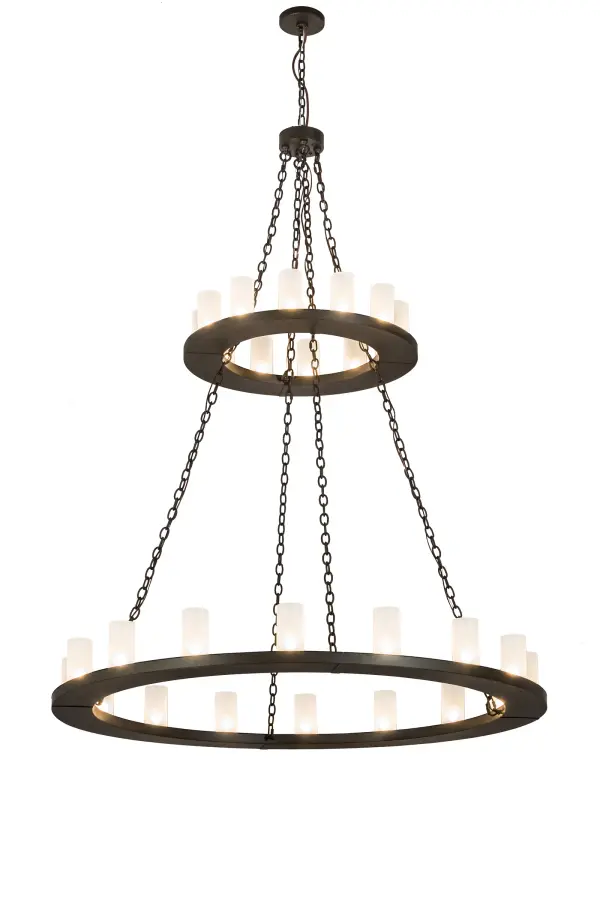Blending an elegant style with a classic distinguished look, Loxley is custom crafted with 28 Frosted Glass Cylindres perched on two smooth, circular rings. The frame and hardware are featured in an Oil Rubbed Bronze finish. The chandelier is ideal for illuminating lobbies, conference rooms, entryways and other large residential and commercial spaces. The fixture is handcrafted by highly skilled artisans in the USA in our manufacturing facility in Yorkville, New York. Custom colors, styles and sizes are available, as well as dimmable energy efficient lamping options such as LED. The 60-inch wide fixture is UL and cUL listed for dry and damp locations. Collection: Loxley Finish: Oil Rubbed Bronze Glass: Clear Frosted Glass Width: 60.00" Height: 83.00" Length: 60.00" Weight: 105.00 lb Number of Bulbs: 28 Maximum Wattage: 60.00 W Bulb Type: B11 Bulb Base: E26 Light Source: LED Material: Steel Country of Origin: USA Safety Listing: Damp Safety Rating: Damp LED
