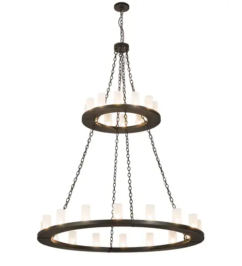 Blending an elegant style with a classic distinguished look, Loxley is custom crafted with 28 Frosted Glass Cylindres perched on two smooth, circular rings. The frame and hardware are featured in an Oil Rubbed Bronze finish. The chandelier is ideal for illuminating lobbies, conference rooms, entryways and other large residential and commercial spaces. The fixture is handcrafted by highly skilled artisans in the USA in our manufacturing facility in Yorkville, New York. Custom colors, styles and sizes are available, as well as dimmable energy efficient lamping options such as LED. The 60-inch wide fixture is UL and cUL listed for dry and damp locations. Collection: Loxley Finish: Oil Rubbed Bronze Glass: Clear Frosted Glass Width: 60.00" Height: 83.00" Length: 60.00" Weight: 105.00 lb Number of Bulbs: 28 Maximum Wattage: 60.00 W Bulb Type: B11 Bulb Base: E26 Light Source: LED Material: Steel Country of Origin: USA Safety Listing: Damp Safety Rating: Damp LED - alternate view