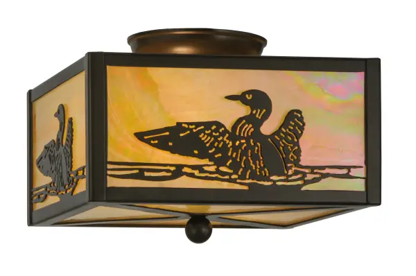 This wildlife inspired fixture features an aquatic bird floating on a mountain lake as the morning sun rises in the background.Beautiful ambient light shining through Beige Iridescent glass shade complemented with a frame and hardware featured in a Timeless Bronze finish.Handmade by Meyda artisans in our Yorkville, NY manufacturing facility located at the foothills of the Adirondack Mountains. Custom colors, styles and sizes available. Energy efficient lamping options. Collection: Loon Finish: Timeless Bronze Glass: Beige Iridescent Glass Width: 14.25" Height: 8.00" Length: 10.00" Weight: 6.00 lb Number of Bulbs: 2 Maximum Wattage: 60.00 W Bulb Type: A19 Bulb Base: E26 Light Source: LED Material: Steel Country of Origin: USA Safety Listing: Damp Safety Rating: Damp LED
