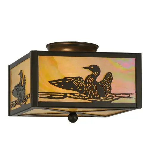 This wildlife inspired fixture features an aquatic bird floating on a mountain lake as the morning sun rises in the background.Beautiful ambient light shining through Beige Iridescent glass shade complemented with a frame and hardware featured in a Timeless Bronze finish.Handmade by Meyda artisans in our Yorkville, NY manufacturing facility located at the foothills of the Adirondack Mountains. Custom colors, styles and sizes available. Energy efficient lamping options. Collection: Loon Finish: Timeless Bronze Glass: Beige Iridescent Glass Width: 14.25" Height: 8.00" Length: 10.00" Weight: 6.00 lb Number of Bulbs: 2 Maximum Wattage: 60.00 W Bulb Type: A19 Bulb Base: E26 Light Source: LED Material: Steel Country of Origin: USA Safety Listing: Damp Safety Rating: Damp LED - alternate view