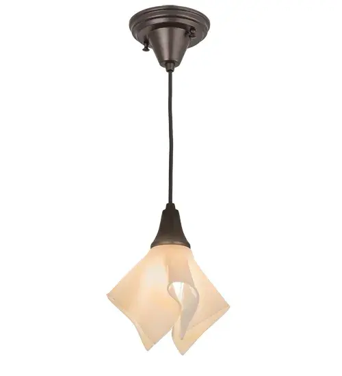 American craftsmanship is combined with European artistry which results in chic lighting pendant. A cool decorative design is achieved by kiln firing glass into a unique draped glass pendant. This Ivory handkerchief styled Art Glass shade is complemented with Solid Brass hardware in a Craftsman Brown finish. Illuminate a table with this mini pendant or align the pendant in multiples across an island; bar; table or counter in residential and commercial settings. Custom styles; colors and sizes are available; as well as dimmable energy efficient lamping options such as LED. This 10-inch wide pendant is UL and cUL listed for damp and dry locations. - alternate view