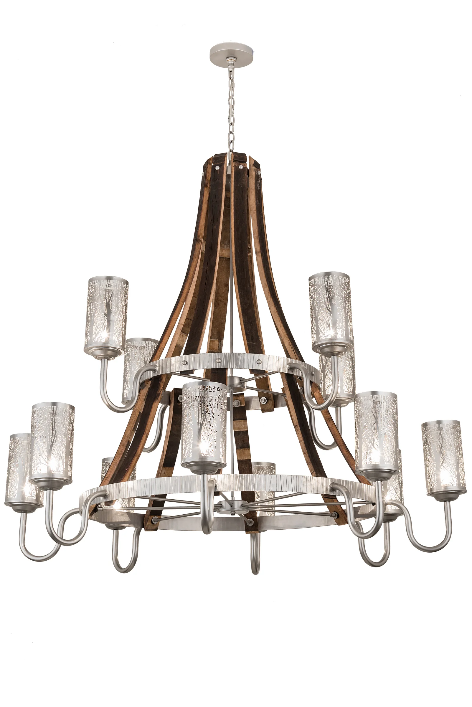 Barrel Stave 12 Light Chandelier in Brushed Nickel/Charred Wood