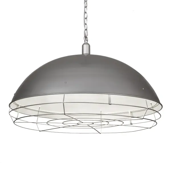 A dramatically styled constructed pendant. Gravity Golpe features a dome-shaped shade that is hand finished in Galvanized powder coat and strikingly set on the outer surface; amazingly contrasting against a White internal metallic finish. The richly appointed interior results in a warm; burnished glow. The pendant features a Brass Cage to protect the diffuser and create a unique industrial aesthetic. The overall height ranges from 19 to 49 inches as the chain length can be easily adjusted in the field to accommodate your specific lighting needs. The Gravity Golpe Pendant is featured in our American designed; handcrafted Industrial Lighting Collection. UL and cUL listed for dry and damp locations.