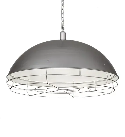 A dramatically styled constructed pendant. Gravity Golpe features a dome-shaped shade that is hand finished in Galvanized powder coat and strikingly set on the outer surface; amazingly contrasting against a White internal metallic finish. The richly appointed interior results in a warm; burnished glow. The pendant features a Brass Cage to protect the diffuser and create a unique industrial aesthetic. The overall height ranges from 19 to 49 inches as the chain length can be easily adjusted in the field to accommodate your specific lighting needs. The Gravity Golpe Pendant is featured in our American designed; handcrafted Industrial Lighting Collection. UL and cUL listed for dry and damp locations. - alternate view