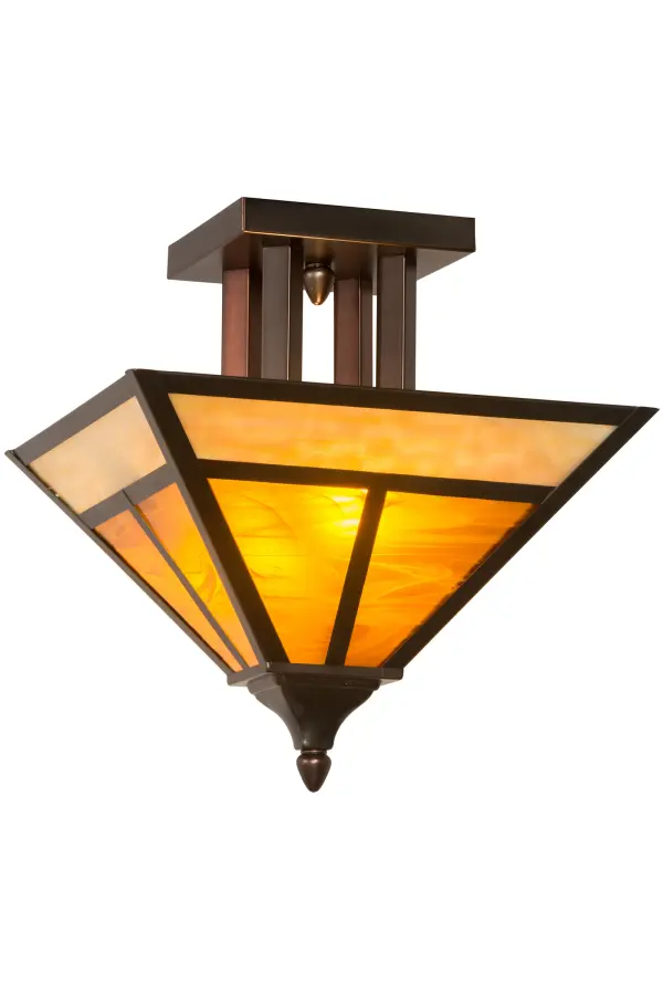 A handsome Mission T pattern adorns this striking Craftsman ceiling fixture. The stunning shade features Frosted Honey Art Glass and is complemented with Solid Brass hardware in a Craftsman Brown finish. The ceiling fixture is handcrafted by highly skilled artisans in our 180,000 square foot manufacturing facility in Yorkville, New York. Dimmable energy efficient lamping options such as LED are available. This flushmount is available in custom colors, styles, and sizes. UL and cUL Listed for dry and damp locations. Collection: T" Mission" Finish: Craftsman Brown Mahogany Bronze Glass: Frosted Honey Art Glass Width: 18.50" Height: 13.50" Length: 13.00" Weight: 6.50 lb Number of Bulbs: 2 Maximum Wattage: 60.00 W Bulb Type: A15 Bulb Base: E26 Material: Metal Or Polyresin Country of Origin: USA Safety Listing: Damp Safety Rating: Damp
