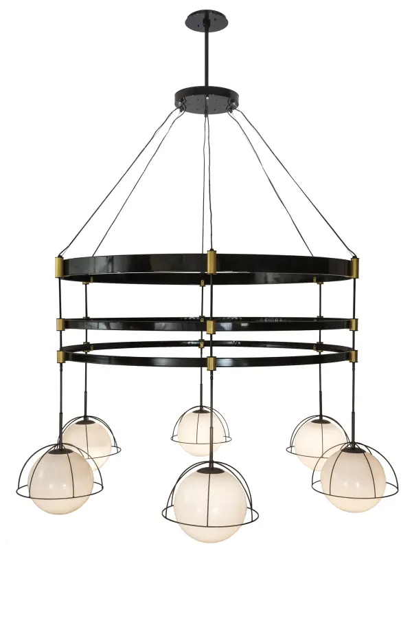 Make a Grand; dramatic design statement with the extremely impressive Heliocentricity Chandelier. 6 Statuario Idalight Orbs; with thin metal shrouds that follow the contour of each diffuser; are embraced by a solid metal triplex structure suspended by spacecraft cable from the hub which is attached to the ceiling. This magnificent lighting masterpiece features a complex metal system in a Mirror Black finish; and adorned with Satin Brass decorative accents. This bold; eye-catching piece of illumination is ideal for lobbies; ballrooms; concourses and other large spaces. Custom crafted in our 180;000 square foot manufacturing facility in Yorkville; New York. Available in special sizes and finishes. UL and cUL listed for dry and damp locations.