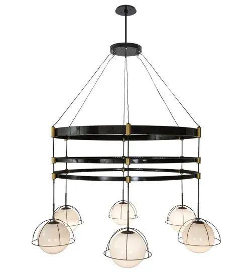 Make a Grand; dramatic design statement with the extremely impressive Heliocentricity Chandelier. 6 Statuario Idalight Orbs; with thin metal shrouds that follow the contour of each diffuser; are embraced by a solid metal triplex structure suspended by spacecraft cable from the hub which is attached to the ceiling. This magnificent lighting masterpiece features a complex metal system in a Mirror Black finish; and adorned with Satin Brass decorative accents. This bold; eye-catching piece of illumination is ideal for lobbies; ballrooms; concourses and other large spaces. Custom crafted in our 180;000 square foot manufacturing facility in Yorkville; New York. Available in special sizes and finishes. UL and cUL listed for dry and damp locations. - alternate view