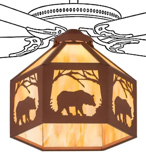 A majestic Bear wanders through the woodlands as the sun rises in the warm summer sky. Beautiful ambient light projects through a Beige Art Glass diffuser; complemented with hardware and decorative accents featured in a Rust finish. The hexagonal light fixture can be installed with a ceiling fan in kitchens and living spaces in residential; hospitality; and commercial spaces. The Lone Bear Fan Light is featured in our American-made; American-designed; handcrafted Wildlife Lighting Collection. This fixture is manufactured in Yorkville; New York. It is UL and cUL listed for dry and damp locations. The ceiling fan is not included. Upstate New York's adventurous playland; known as the Adirondack Mountains; with its many breathtaking forests; lakes; and rivers; is the spiritual birthplace of Meyda and inspires our rustic-themed art glass collections. - alternate view