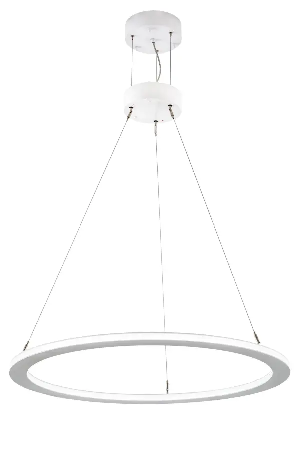 A modern sophisticated pendant featuring a spectral halo of ambient light. Our exclusive proprietary suspension system is engineered with low voltage spacecraft cables for balance and precision. This Gloss White powder coated ring reveals a Contrail Mist Idalight diffuser. Integral dimmable LEDs deliver energy savings; minimal maintenance and long life. The overall height ranges from 16 to 85 inches as the cable length can be easily adjusted in the field to accommodate your specific lighting application needs. Handcrafted by skilled artisans in our 180;000 square foot manufacturing facility in Yorkville; New York. Diffuser colors; metal finishes and fixture sizes can be customized to your needs.