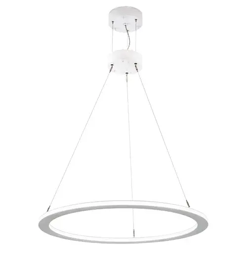 A modern sophisticated pendant featuring a spectral halo of ambient light. Our exclusive proprietary suspension system is engineered with low voltage spacecraft cables for balance and precision. This Gloss White powder coated ring reveals a Contrail Mist Idalight diffuser. Integral dimmable LEDs deliver energy savings; minimal maintenance and long life. The overall height ranges from 16 to 85 inches as the cable length can be easily adjusted in the field to accommodate your specific lighting application needs. Handcrafted by skilled artisans in our 180;000 square foot manufacturing facility in Yorkville; New York. Diffuser colors; metal finishes and fixture sizes can be customized to your needs. - alternate view