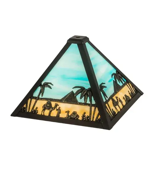 The ever-popular Camel with Pyramids design is featured on this stunning pyramid-shaped shade; with Beige and Sky Blue art glass. The shade is enhanced with Craftsman Brown filigree accents; revealing an eye-catching dimensional look. It pairs well with a base to create a table lamp or matches with hardware to build a ceiling fixture. The Camel Mission Shade is included in our American-made; American-designed; handcrafted Quality Bent Glass Collection; which is manufactured in Yorkville; New York. Each shade is a unique work of art; featuring color variations derived from the natural ingredients inherent in the glass. The Quality Bent Glass division of Meyda Lighting has been in the making for over 100 years. Today; we continue to create timeless masterpieces using tools and methods that date back to the days when we supplied Tiffany Studios. Bent glass colors and metal finishes are customizable; as each fixture or shade is handcrafted to order.