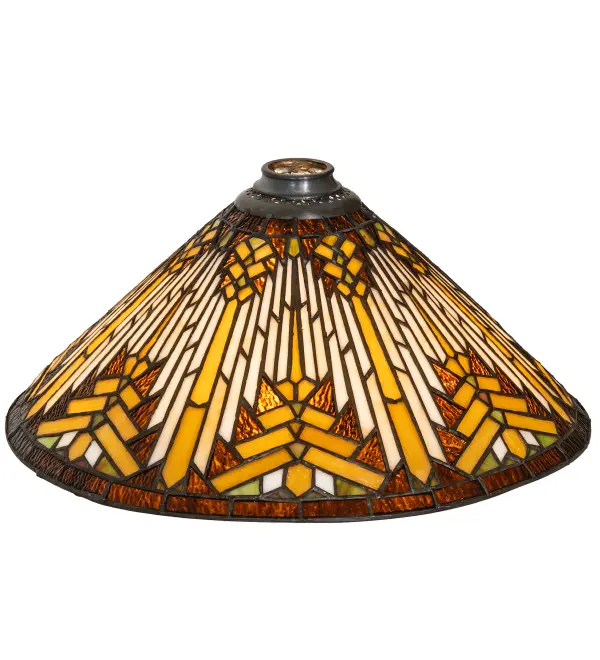 Like gazing out your window across the warm desert at sunset; interlocking tiles of Sand tone Beige glow behind the sun; glistening Orange; Amber; Green; and Brown rays. A Root Brown border surrounds all this intricate design. The inverted stained-glass shade is created using the famous Meyda Tiffany copper-foil construction technique and can be paired with a floor base to produce a torchiere or matched with hardware to build a ceiling pendant or other fixture. The Nuevo Mission Shade is included in our American-designed; handcrafted Stained Glass Lighting Collection. Each shade is a unique work of art with color variations based on natural ingredients inherent in the glass.