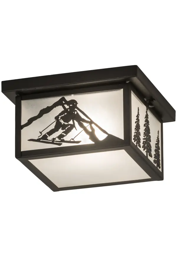 A Skier carves down the slopes during an epic powder day as ambient light diffuses beautifully through Contrail Mist Idalight which is enhanced with a Textured Black finish. This dramatic ceiling fixture will add excitement as the perfect complement to nearly any hallway or room where you want to make a design statement in a lodge; resort; home or camp. The Hyde Park Alpine Flushmount is Domestically produced in our 180;000 sq ft manufacturing facility in Yorkville; NY; located at the foothills of the Adirondack Mountains not far from Lake Placid; home of the 1932 and 1980 Winter Olympics. Shade colors; metal finishes and fixture sizes can be customized to your needs. UL and cUL listed for dry and damp locations.