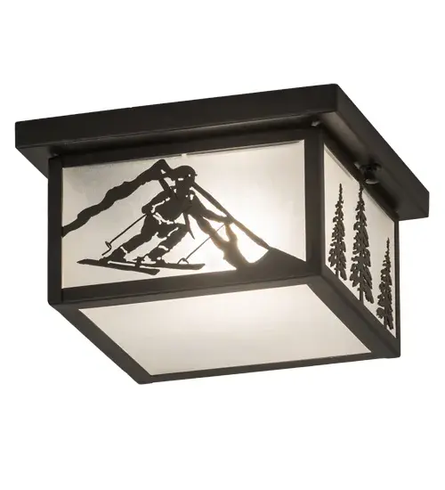 A Skier carves down the slopes during an epic powder day as ambient light diffuses beautifully through Contrail Mist Idalight which is enhanced with a Textured Black finish. This dramatic ceiling fixture will add excitement as the perfect complement to nearly any hallway or room where you want to make a design statement in a lodge; resort; home or camp. The Hyde Park Alpine Flushmount is Domestically produced in our 180;000 sq ft manufacturing facility in Yorkville; NY; located at the foothills of the Adirondack Mountains not far from Lake Placid; home of the 1932 and 1980 Winter Olympics. Shade colors; metal finishes and fixture sizes can be customized to your needs. UL and cUL listed for dry and damp locations. - alternate view