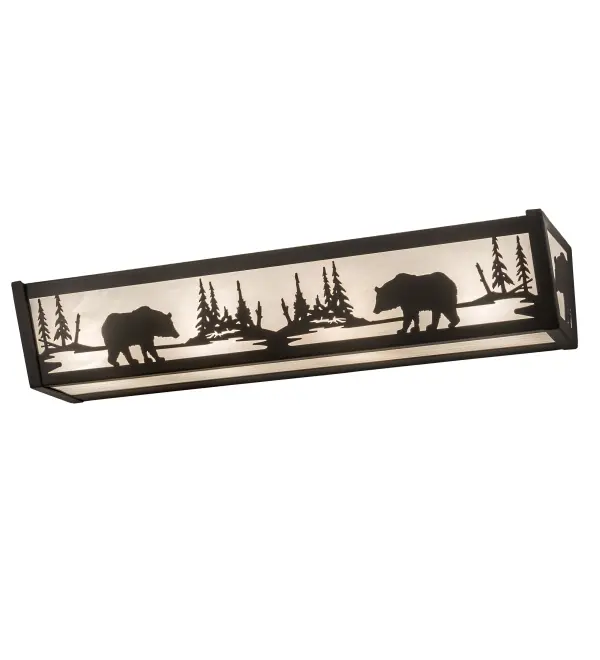 Two majestic Bears wander around the woodland lake as the sun rises in the warm summer sky. Flattering ambient light projects through a White Art Glass diffuser, complemented with hardware and decorative accents featured in an Oil Rubbed Bronze finish. The vanity light can be installed in fine baths and as a wall sconce in corridors in residential, hospitality, and commercial spaces. The Bear at Lake Vanity Light is featured in our American-made, American-designed, handcrafted Wildlife Lighting Collection. This fixture is manufactured in Yorkville, New York. It is UL and cUL listed for dry and damp locations. Upstate New York's adventurous playland, known as the Adirondack Mountains, with its many breathtaking forests, lakes, and rivers, is the spiritual birthplace of Meyda and inspires our rustic-themed art glass collections. Collection: Bear At Lake Finish: Oil Rubbed Bronze Glass: White Art Glass Width: 24.00" Height: 4.50" Length: 5.50" Weight: 7.50 lb Extension from Wall: 5.50" Number of Bulbs: 4 Maximum Wattage: 60.00 W Bulb Type: A19 Bulb Base: E26 Material: Steel Country of Origin: USA Safety Listing: Damp Safety Rating: Damp