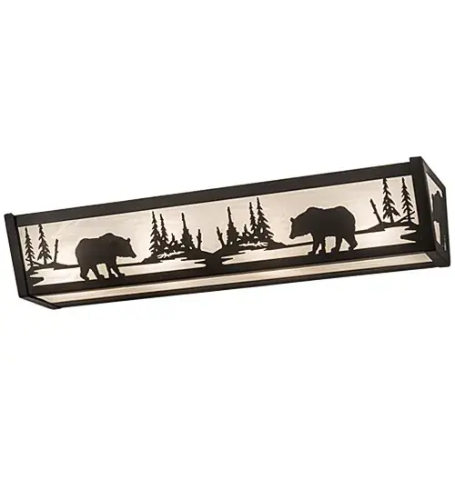 Two majestic Bears wander around the woodland lake as the sun rises in the warm summer sky. Flattering ambient light projects through a White Art Glass diffuser, complemented with hardware and decorative accents featured in an Oil Rubbed Bronze finish. The vanity light can be installed in fine baths and as a wall sconce in corridors in residential, hospitality, and commercial spaces. The Bear at Lake Vanity Light is featured in our American-made, American-designed, handcrafted Wildlife Lighting Collection. This fixture is manufactured in Yorkville, New York. It is UL and cUL listed for dry and damp locations. Upstate New York's adventurous playland, known as the Adirondack Mountains, with its many breathtaking forests, lakes, and rivers, is the spiritual birthplace of Meyda and inspires our rustic-themed art glass collections. Collection: Bear At Lake Finish: Oil Rubbed Bronze Glass: White Art Glass Width: 24.00" Height: 4.50" Length: 5.50" Weight: 7.50 lb Extension from Wall: 5.50" Number of Bulbs: 4 Maximum Wattage: 60.00 W Bulb Type: A19 Bulb Base: E26 Material: Steel Country of Origin: USA Safety Listing: Damp Safety Rating: Damp - alternate view