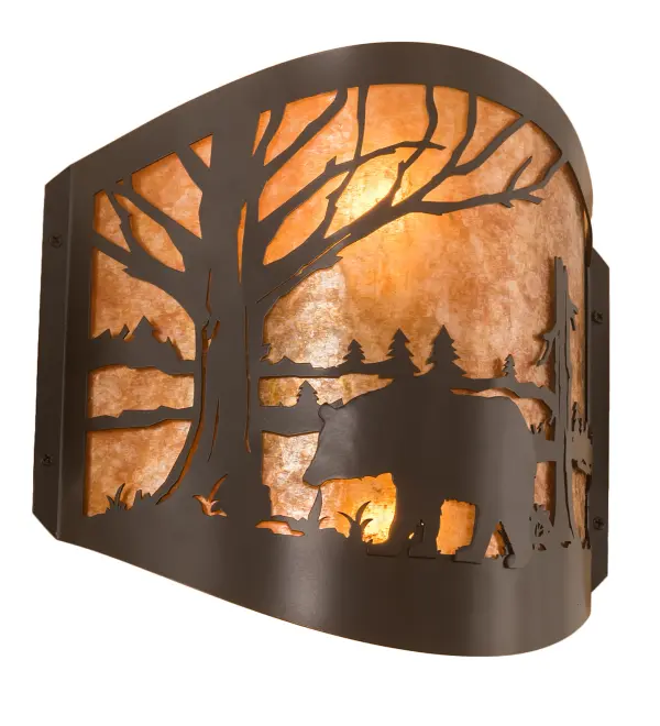The call of the wild comes to light with a majestic Bear roaming around the woodland lake. Beautiful ambient light shines through the beautiful Amber Mica lens while the fixture is enhanced with accents and hardware featured in a Timeless Bronze finish. The wall sconce can be installed in dining rooms and entryways in residential, hospitality, and commercial spaces. The Bear at Lake Wall Sconce is featured in our American-made, American-designed, handcrafted Wildlife Lighting Collection. This fixture is manufactured in Yorkville, New York. It is UL and cUL listed for dry and damp locations. Upstate New York's adventurous playland, known as the Adirondack Mountains, with its many breathtaking forests, lakes, and rivers, is the spiritual birthplace of Meyda and inspires our rustic-themed mica collections. Collection: Bear At Lake Finish: Timeless Bronze Glass: Amber Mica Width: 12.00" Height: 11.00" Length: 4.00" Weight: 2.00 lb Extension from Wall: 4.00" Number of Bulbs: 2 Maximum Wattage: 60.00 W Bulb Type: A19 Bulb Base: E26 Material: Steel Country of Origin: USA Safety Listing: Damp Safety Rating: Damp